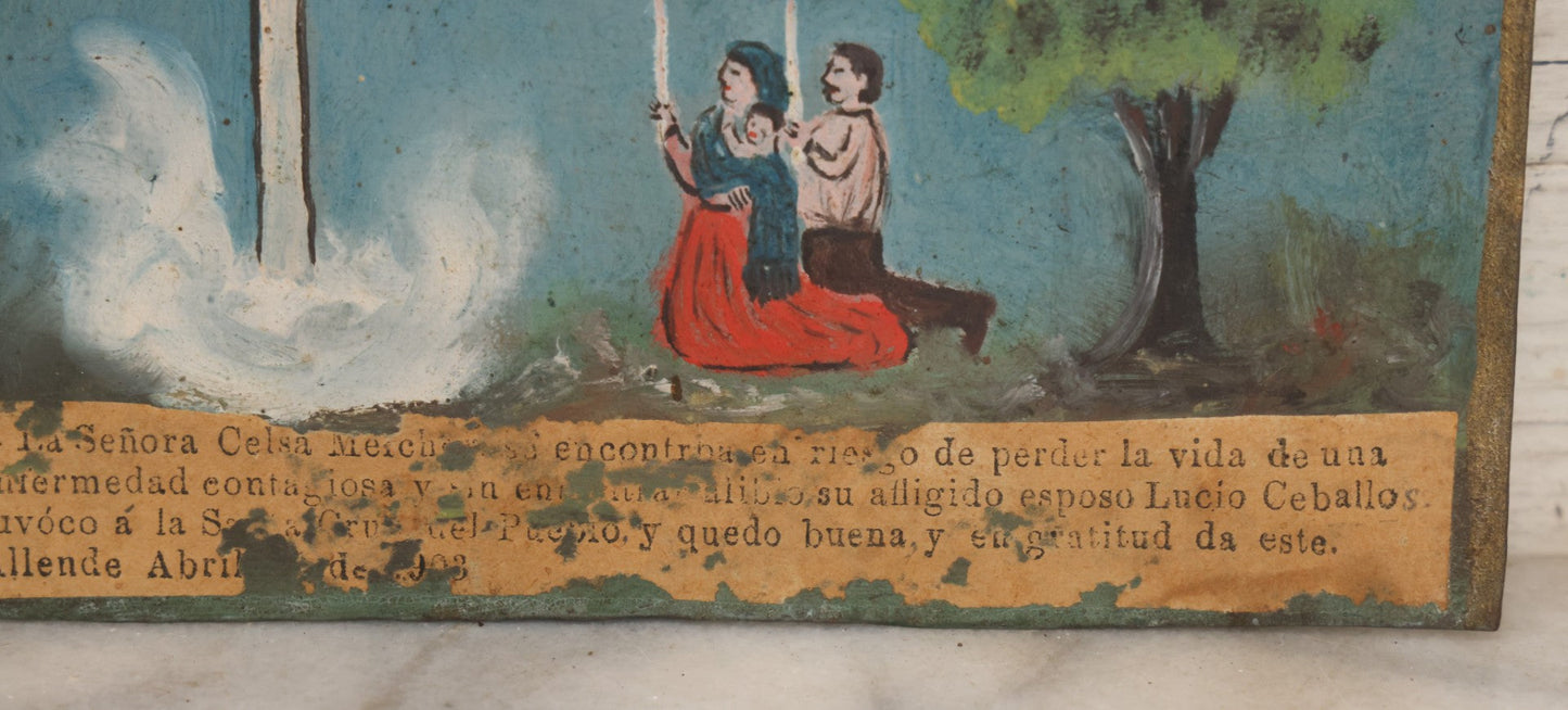 Lot 052 - Vintage Mexican Ex-Voto Retablo Devotional Folk Art Painting On Tin Commemorating The Intercession Of The Holy Spirit In Curing A Sick Woman After Calling Upon The Holy Cross, Allende, Mexico, April 1903, 6-1/2" W x 4-5/8" H