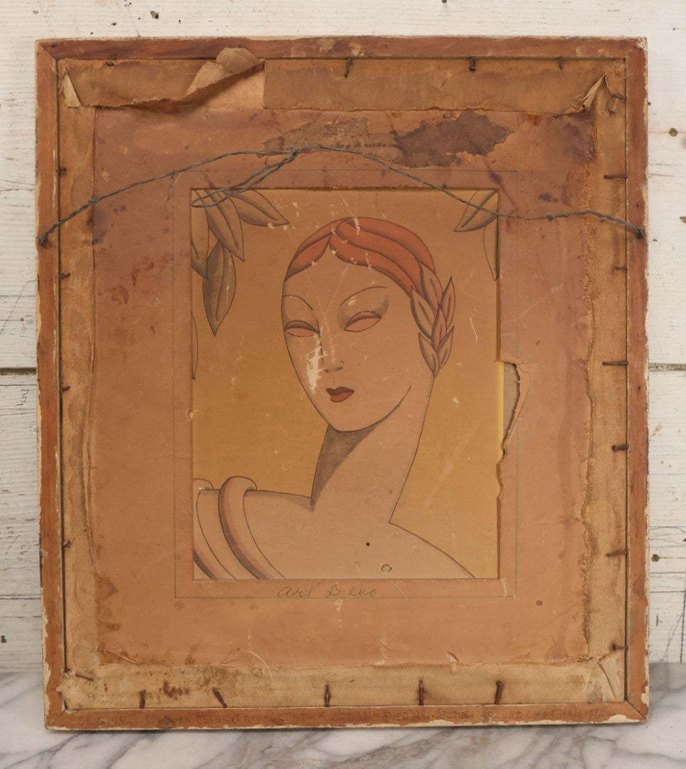 Lot 055 - Vintage "Two-Fer" Wall Art With Hand Painted Folk Art Parrot On Canvas In Frame, With Original Framed Art Deco Print Of Woman Visible On Verso, 15-1/4" W x 17-1/4" H