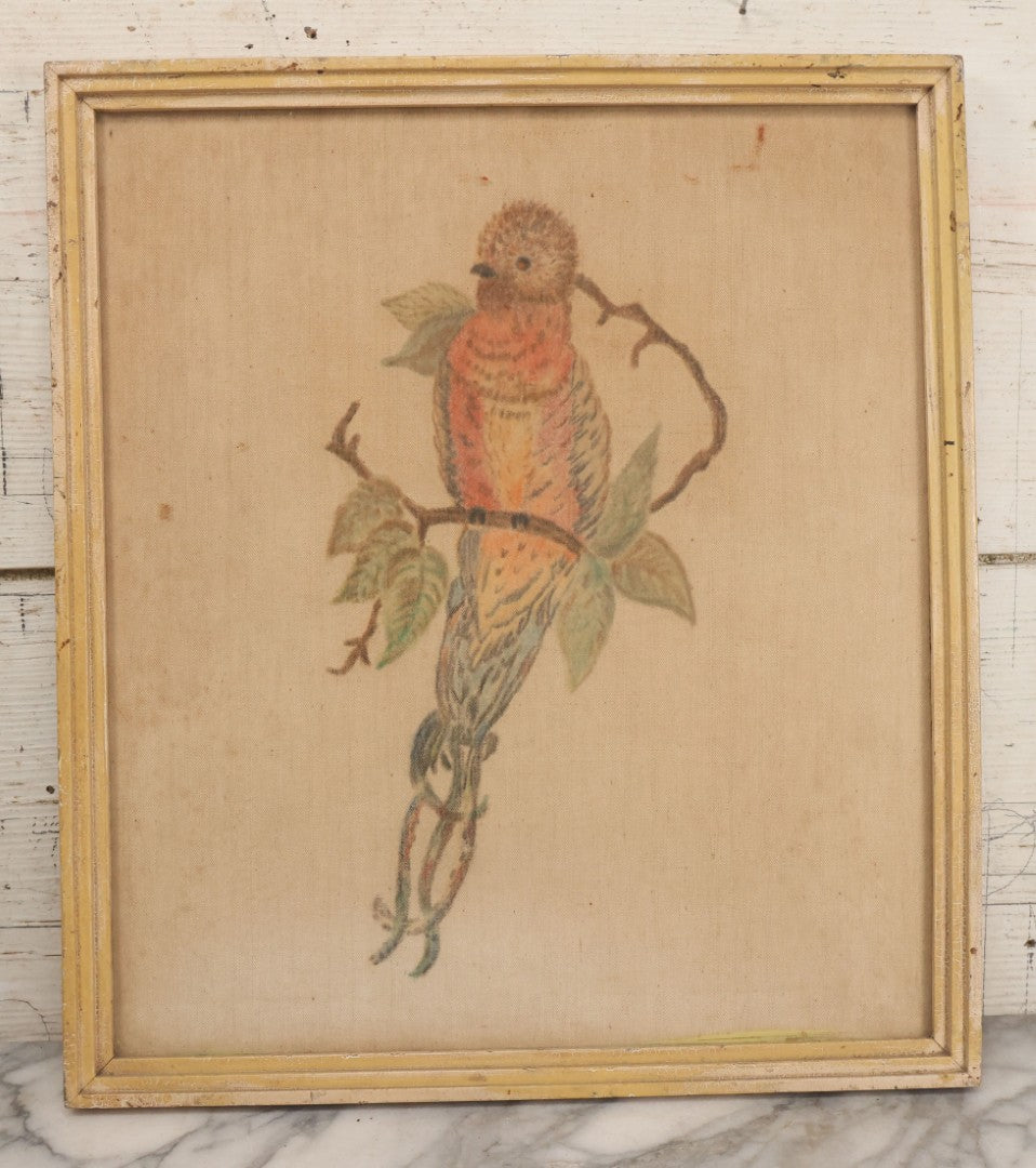 Lot 055 - Vintage "Two-Fer" Wall Art With Hand Painted Folk Art Parrot On Canvas In Frame, With Original Framed Art Deco Print Of Woman Visible On Verso, 15-1/4" W x 17-1/4" H