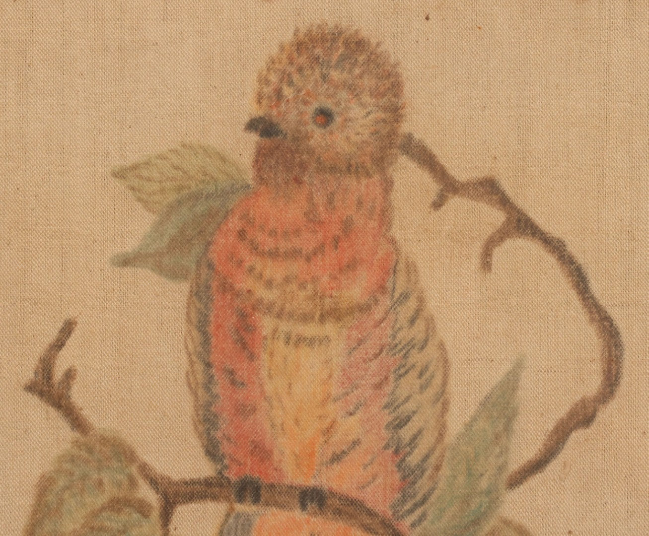 Lot 055 - Vintage "Two-Fer" Wall Art With Hand Painted Folk Art Parrot On Canvas In Frame, With Original Framed Art Deco Print Of Woman Visible On Verso, 15-1/4" W x 17-1/4" H