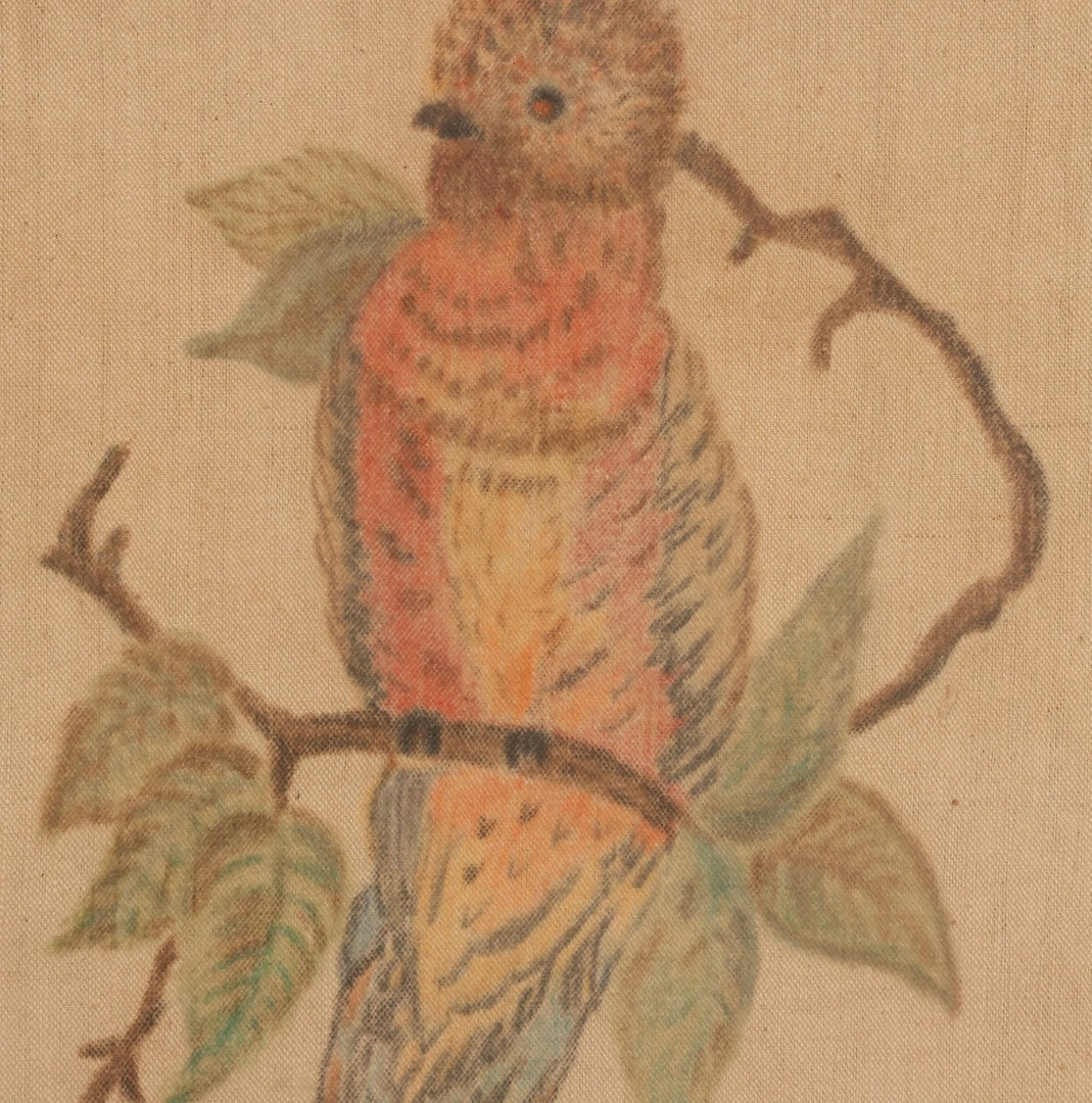 Lot 055 - Vintage "Two-Fer" Wall Art With Hand Painted Folk Art Parrot On Canvas In Frame, With Original Framed Art Deco Print Of Woman Visible On Verso, 15-1/4" W x 17-1/4" H