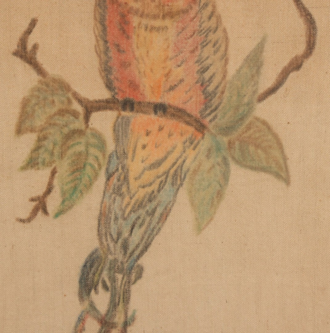 Lot 055 - Vintage "Two-Fer" Wall Art With Hand Painted Folk Art Parrot On Canvas In Frame, With Original Framed Art Deco Print Of Woman Visible On Verso, 15-1/4" W x 17-1/4" H