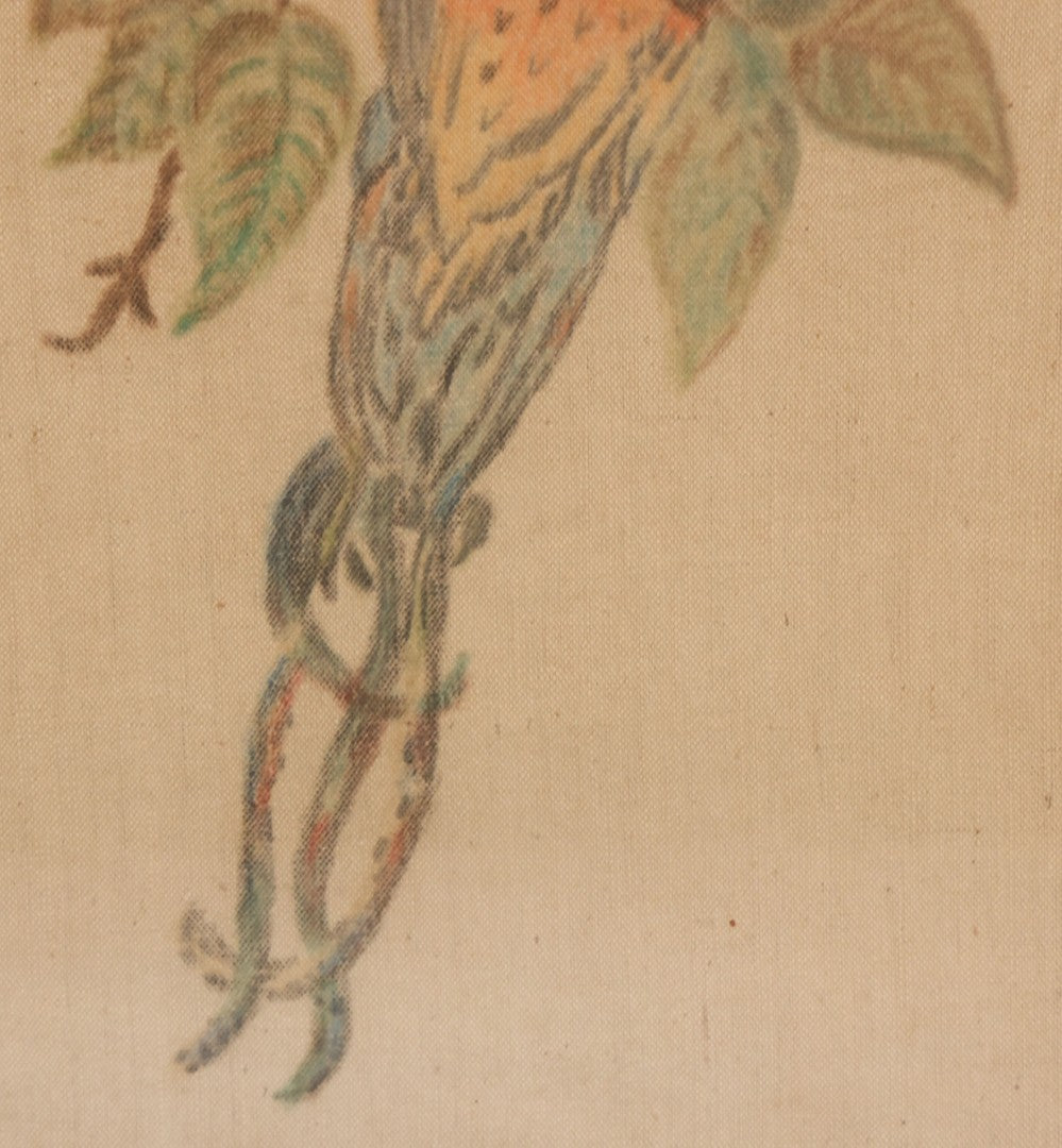 Lot 055 - Vintage "Two-Fer" Wall Art With Hand Painted Folk Art Parrot On Canvas In Frame, With Original Framed Art Deco Print Of Woman Visible On Verso, 15-1/4" W x 17-1/4" H