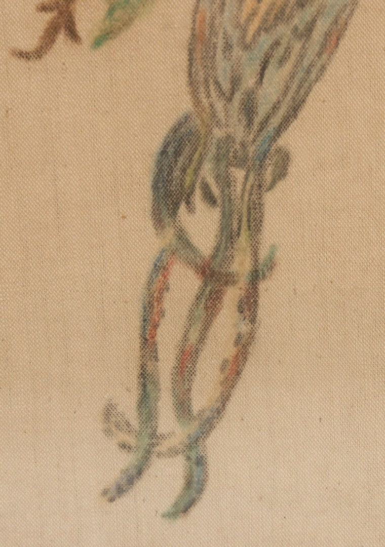 Lot 055 - Vintage "Two-Fer" Wall Art With Hand Painted Folk Art Parrot On Canvas In Frame, With Original Framed Art Deco Print Of Woman Visible On Verso, 15-1/4" W x 17-1/4" H