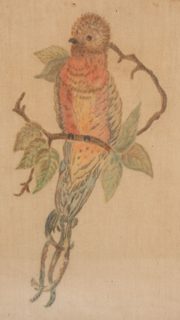 Lot 055 - Vintage "Two-Fer" Wall Art With Hand Painted Folk Art Parrot On Canvas In Frame, With Original Framed Art Deco Print Of Woman Visible On Verso, 15-1/4" W x 17-1/4" H