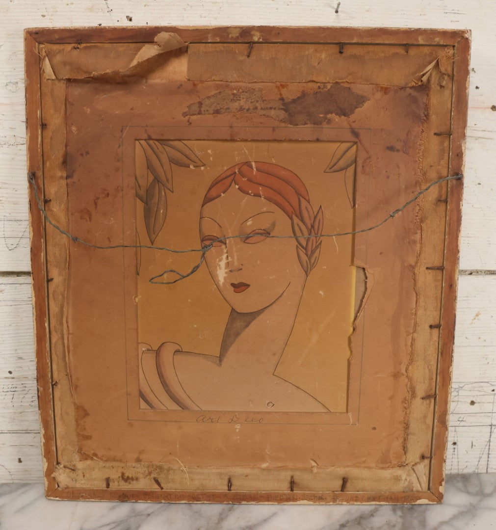 Lot 055 - Vintage "Two-Fer" Wall Art With Hand Painted Folk Art Parrot On Canvas In Frame, With Original Framed Art Deco Print Of Woman Visible On Verso, 15-1/4" W x 17-1/4" H