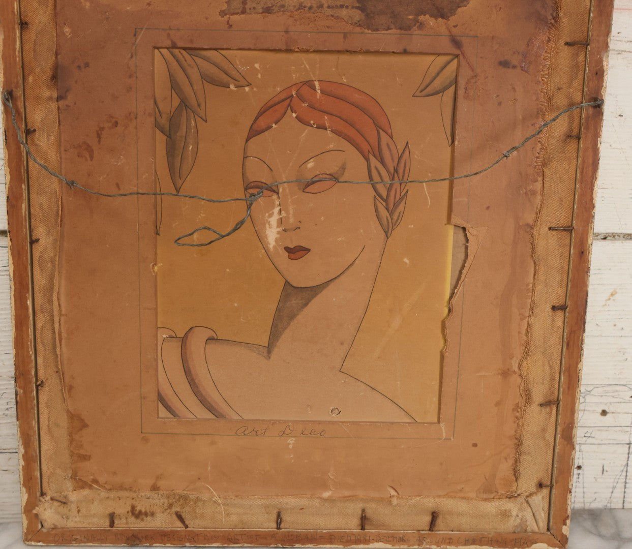 Lot 055 - Vintage "Two-Fer" Wall Art With Hand Painted Folk Art Parrot On Canvas In Frame, With Original Framed Art Deco Print Of Woman Visible On Verso, 15-1/4" W x 17-1/4" H