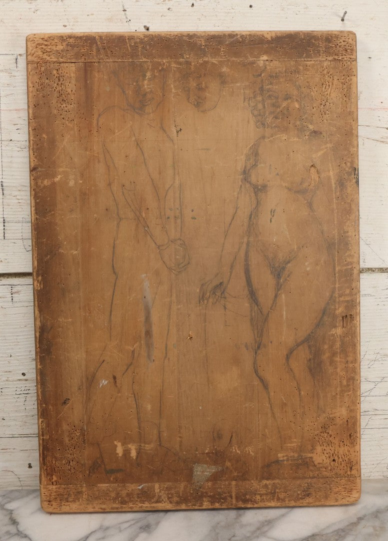 Lot 056 - Vintage Folk Art Nude Study Pencil Sketch Of A Man And A Woman On Wood Panel With Breadboard Ends, 12" W x 17-1/2" H