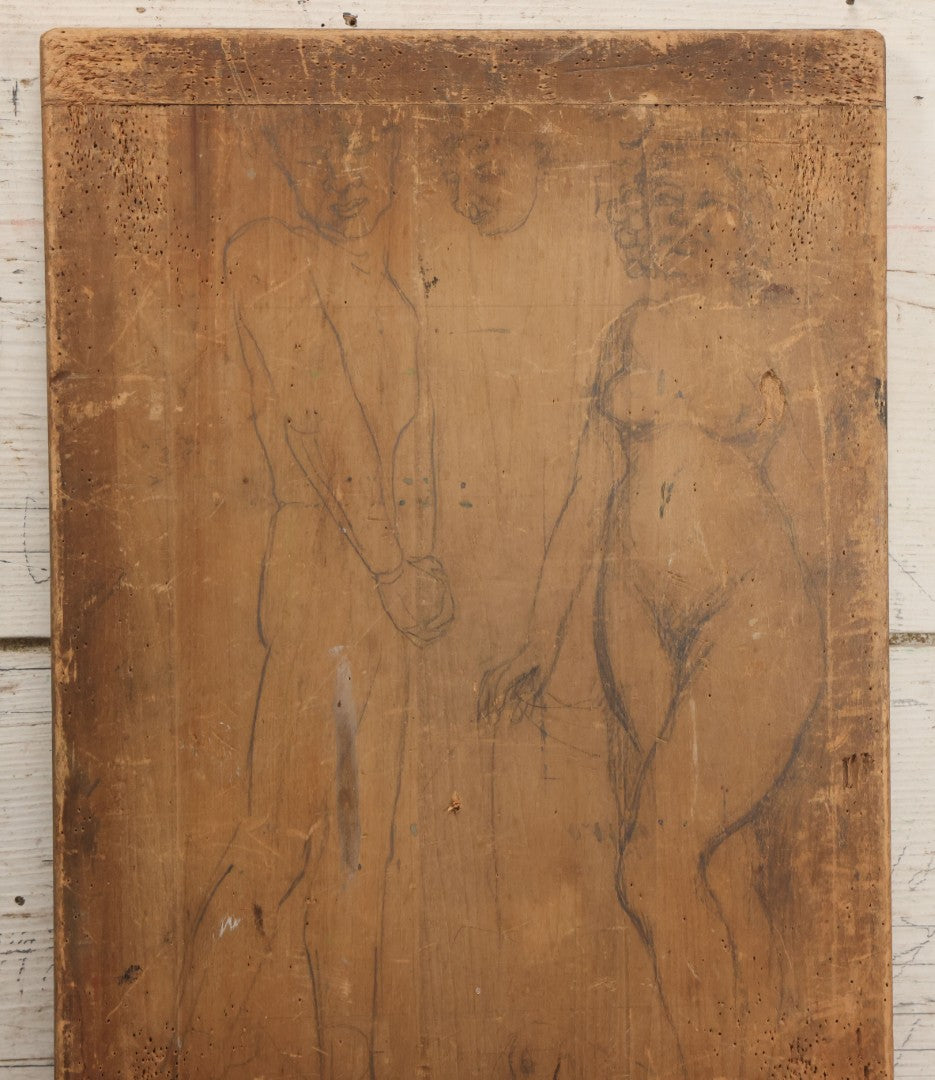 Lot 056 - Vintage Folk Art Nude Study Pencil Sketch Of A Man And A Woman On Wood Panel With Breadboard Ends, 12" W x 17-1/2" H