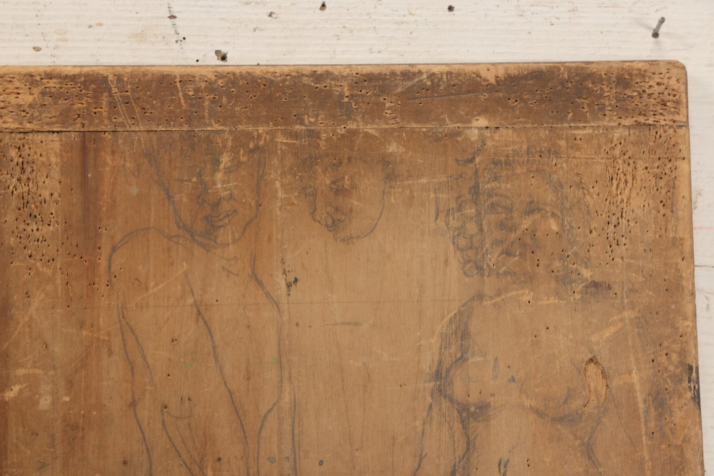 Lot 056 - Vintage Folk Art Nude Study Pencil Sketch Of A Man And A Woman On Wood Panel With Breadboard Ends, 12" W x 17-1/2" H