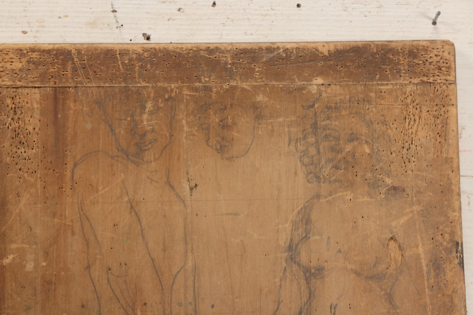 Lot 056 - Vintage Folk Art Nude Study Pencil Sketch Of A Man And A Woman On Wood Panel With Breadboard Ends, 12" W x 17-1/2" H