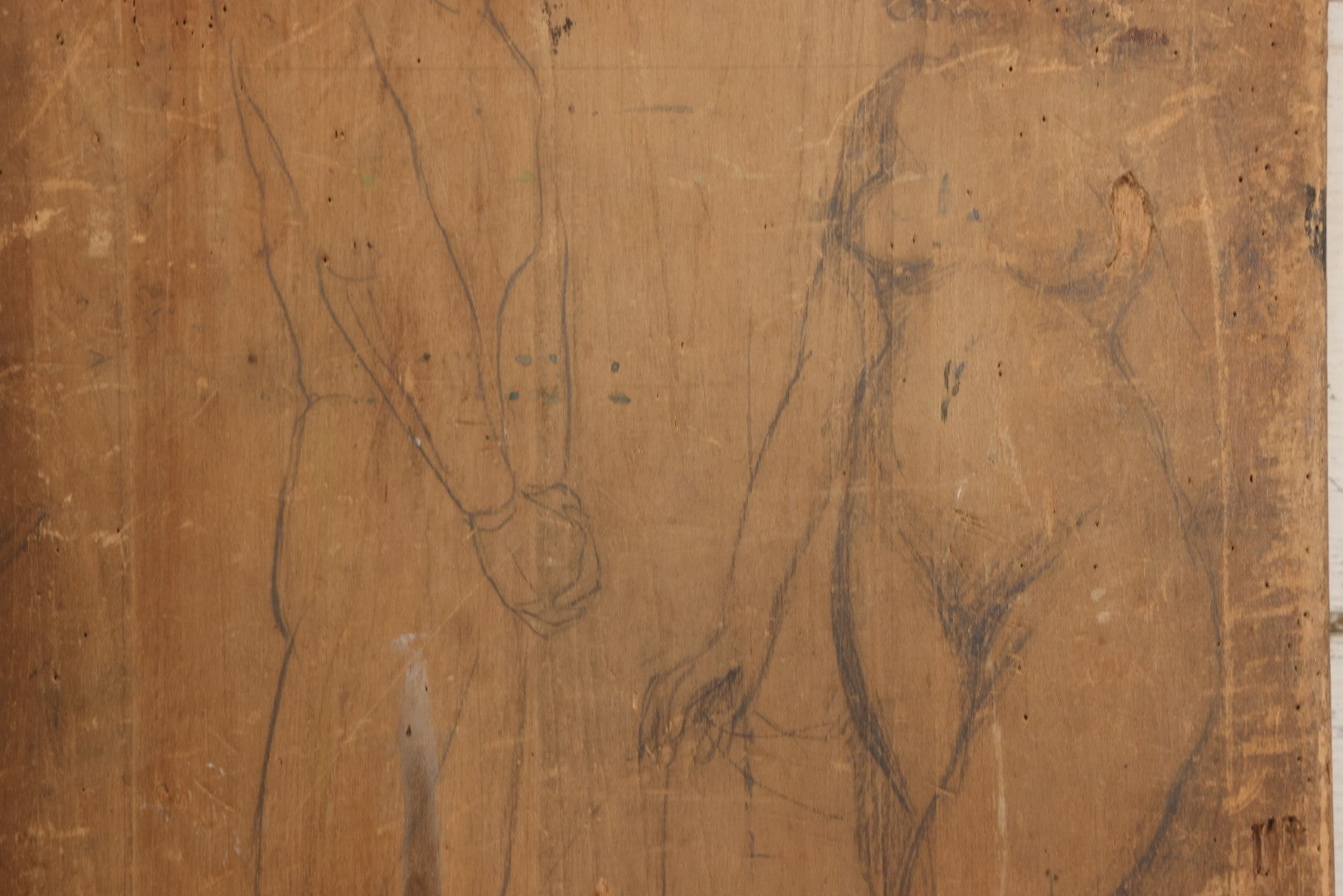 Lot 056 - Vintage Folk Art Nude Study Pencil Sketch Of A Man And A Woman On Wood Panel With Breadboard Ends, 12" W x 17-1/2" H