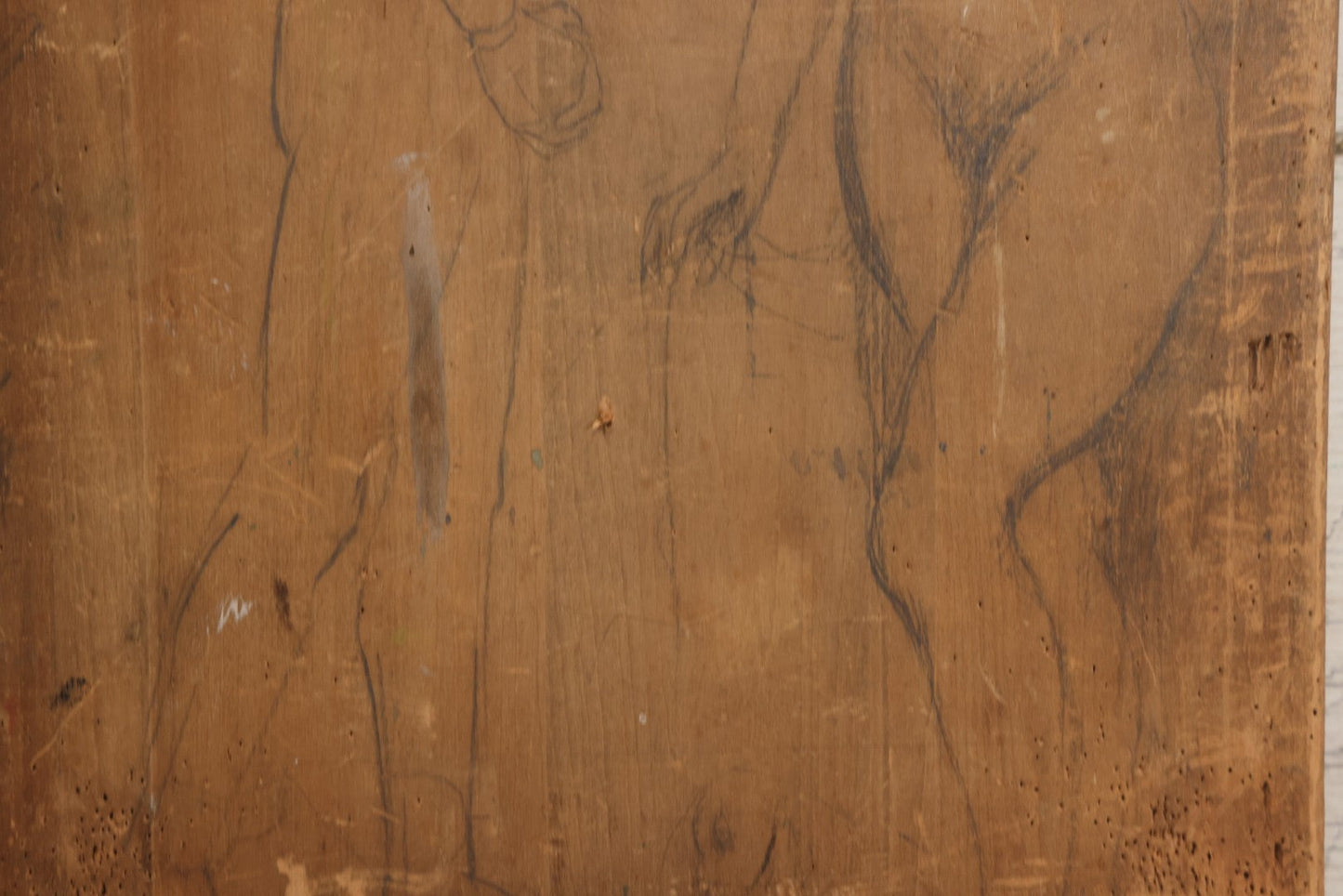 Lot 056 - Vintage Folk Art Nude Study Pencil Sketch Of A Man And A Woman On Wood Panel With Breadboard Ends, 12" W x 17-1/2" H