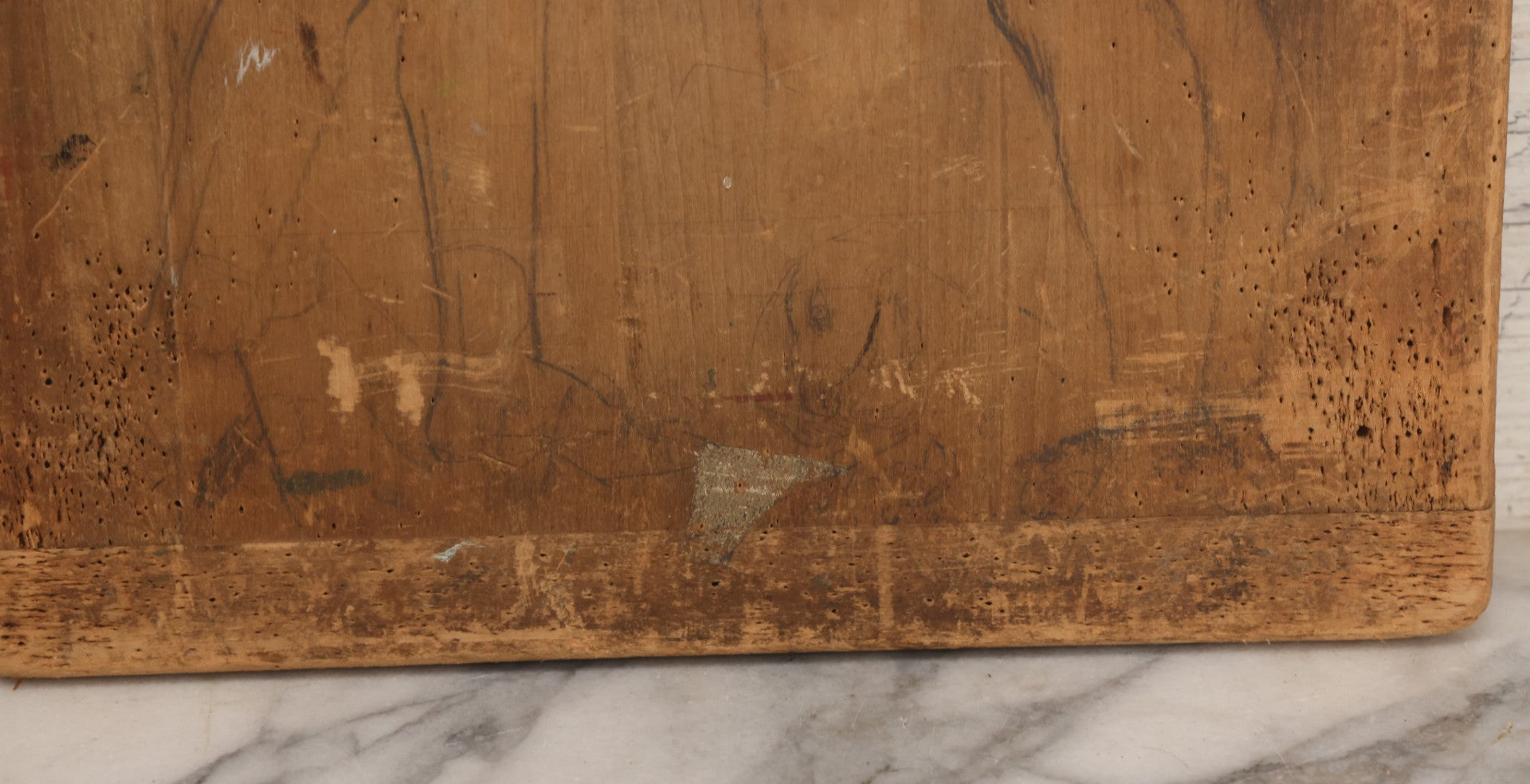 Lot 056 - Vintage Folk Art Nude Study Pencil Sketch Of A Man And A Woman On Wood Panel With Breadboard Ends, 12" W x 17-1/2" H