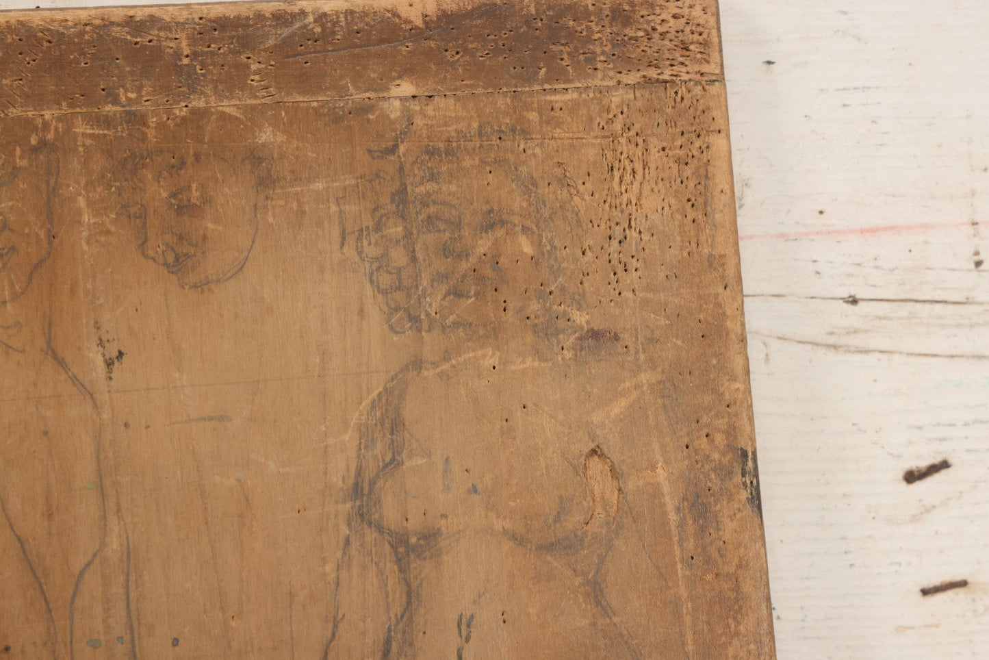 Lot 056 - Vintage Folk Art Nude Study Pencil Sketch Of A Man And A Woman On Wood Panel With Breadboard Ends, 12" W x 17-1/2" H