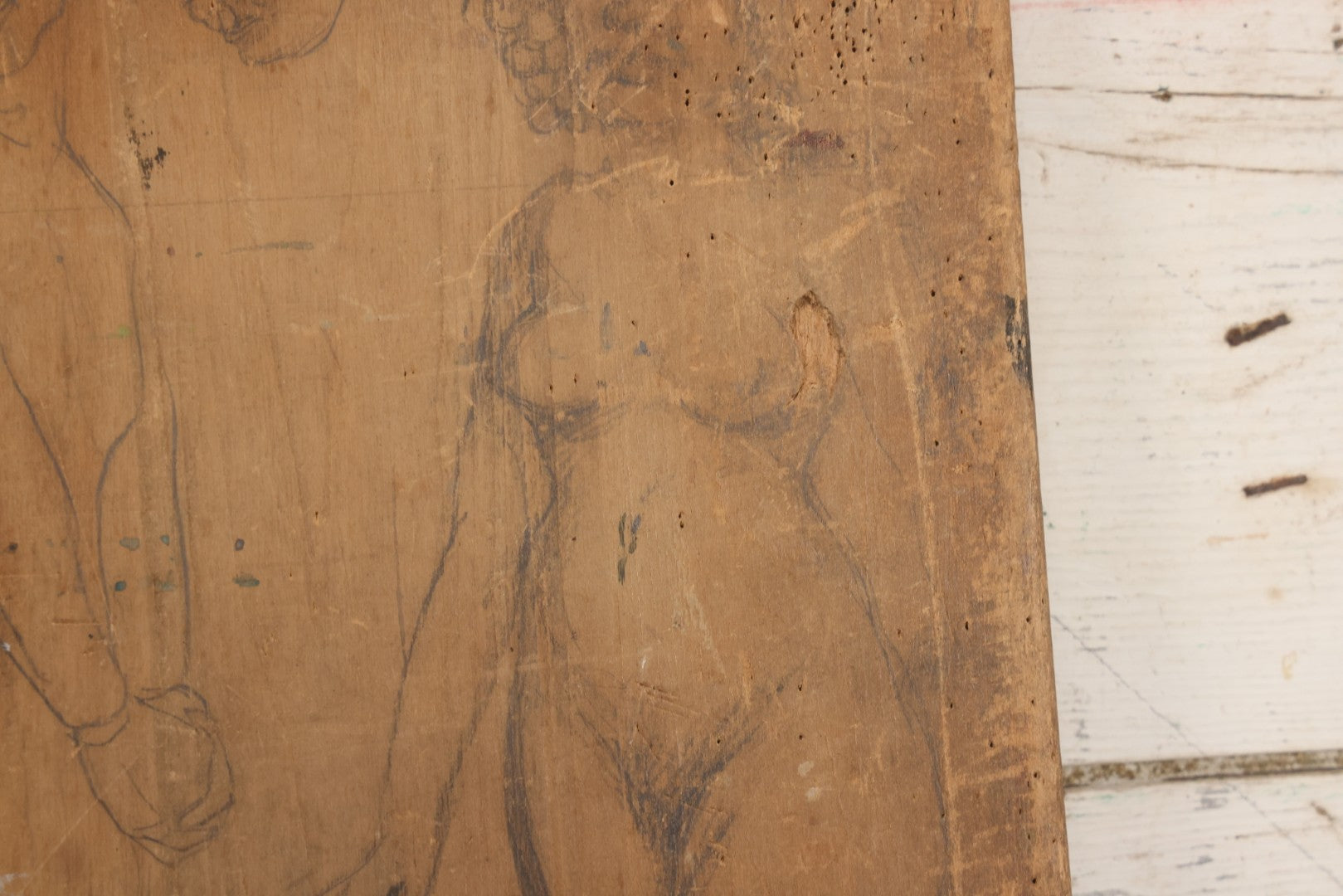 Lot 056 - Vintage Folk Art Nude Study Pencil Sketch Of A Man And A Woman On Wood Panel With Breadboard Ends, 12" W x 17-1/2" H