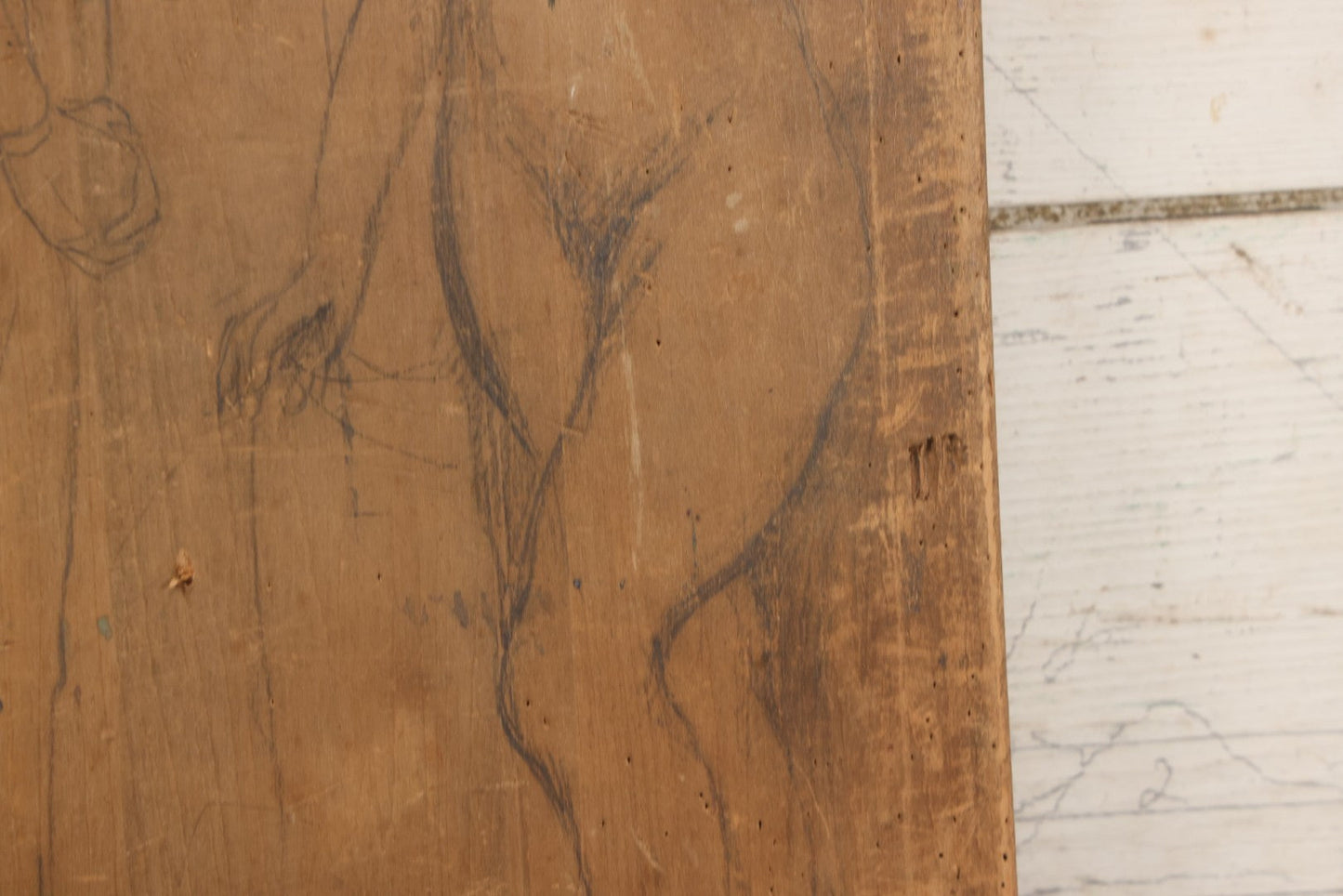 Lot 056 - Vintage Folk Art Nude Study Pencil Sketch Of A Man And A Woman On Wood Panel With Breadboard Ends, 12" W x 17-1/2" H