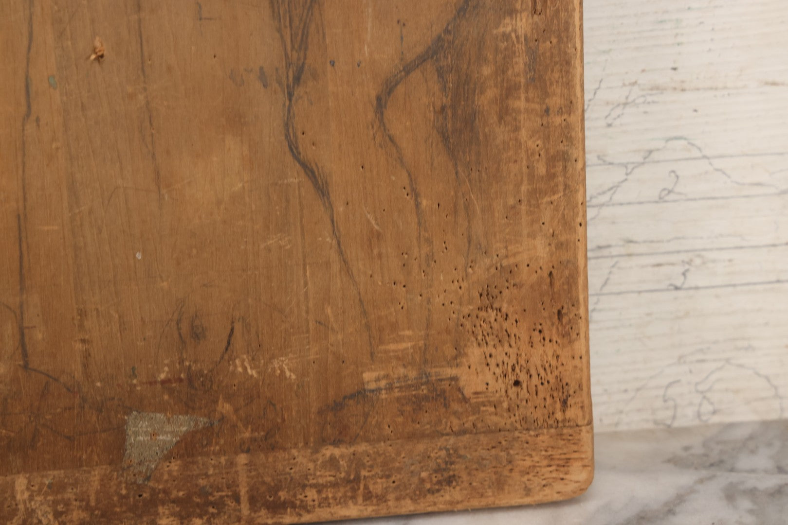 Lot 056 - Vintage Folk Art Nude Study Pencil Sketch Of A Man And A Woman On Wood Panel With Breadboard Ends, 12" W x 17-1/2" H