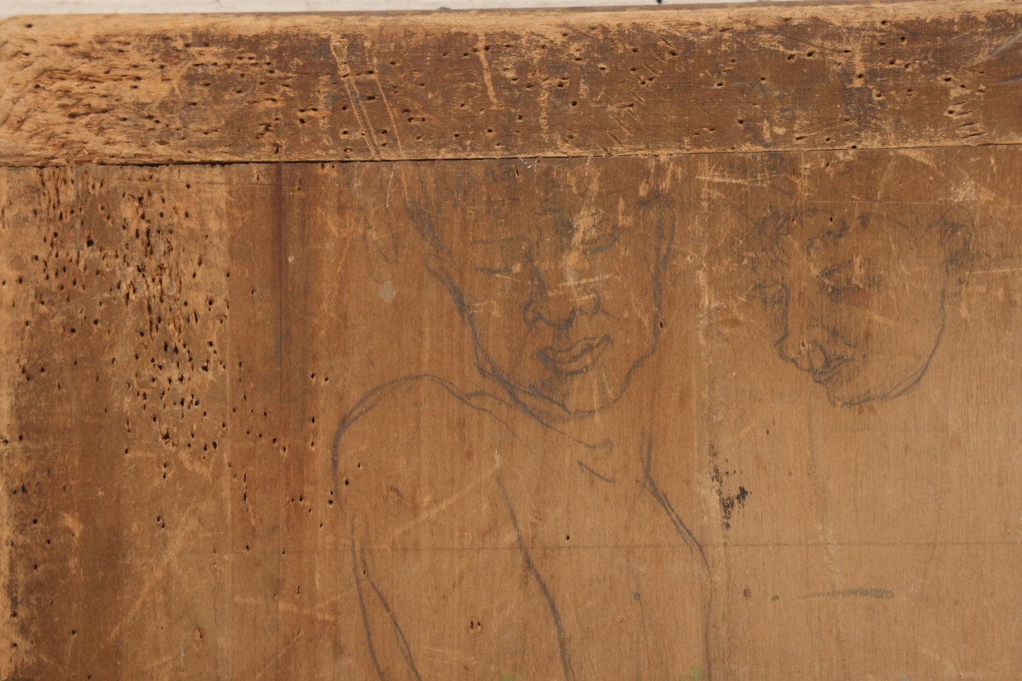 Lot 056 - Vintage Folk Art Nude Study Pencil Sketch Of A Man And A Woman On Wood Panel With Breadboard Ends, 12" W x 17-1/2" H