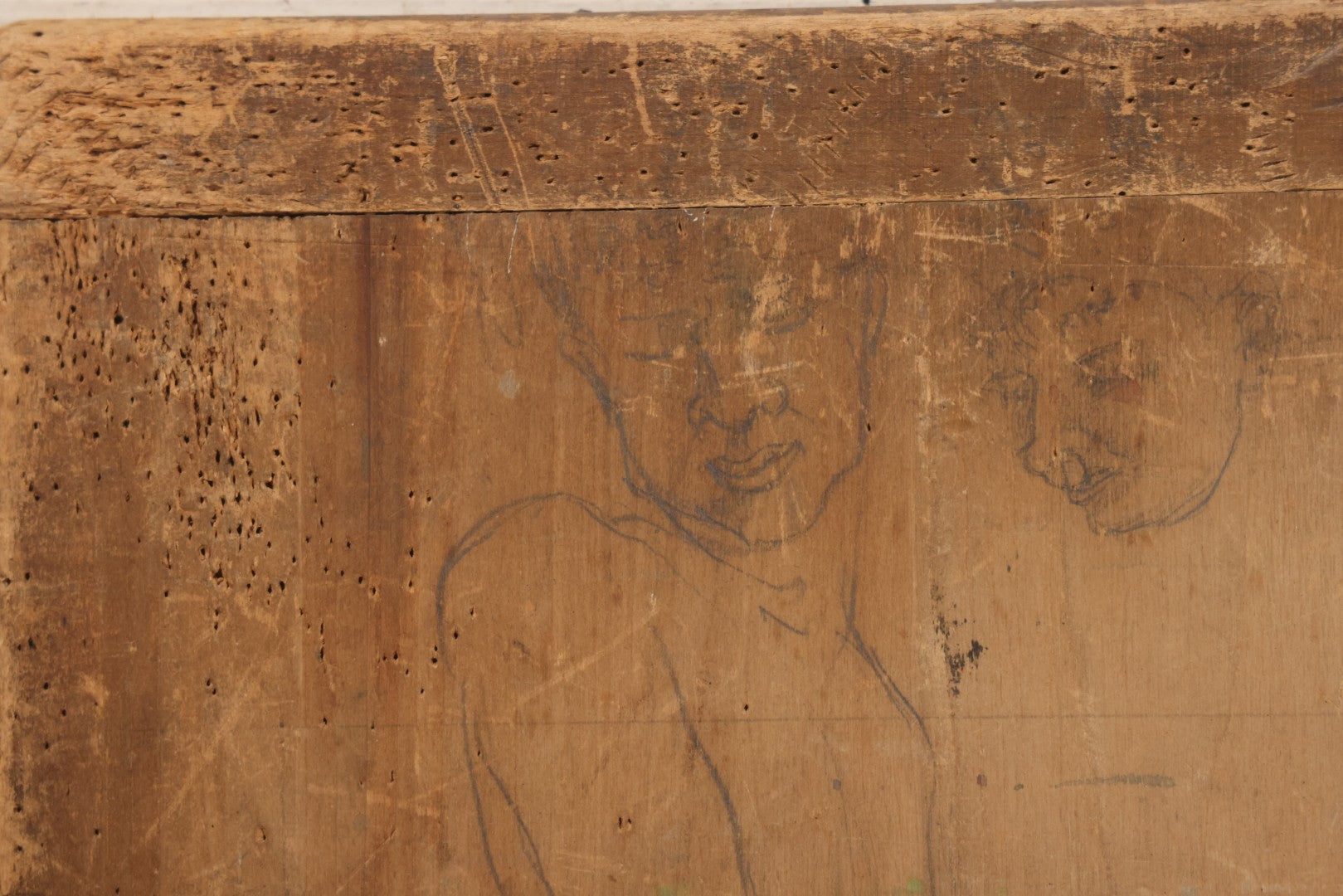 Lot 056 - Vintage Folk Art Nude Study Pencil Sketch Of A Man And A Woman On Wood Panel With Breadboard Ends, 12" W x 17-1/2" H