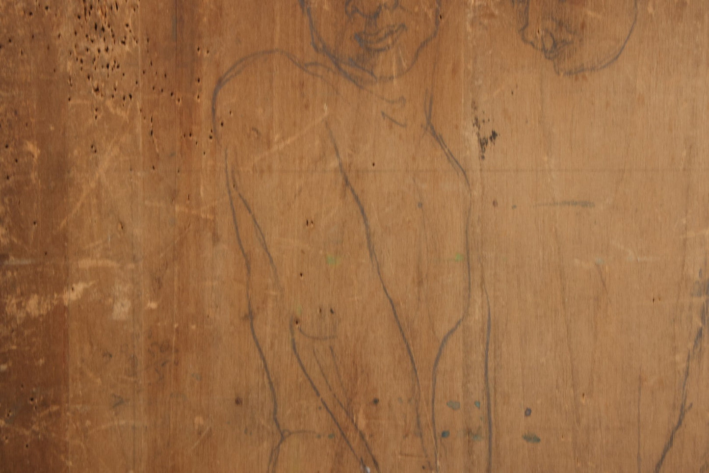 Lot 056 - Vintage Folk Art Nude Study Pencil Sketch Of A Man And A Woman On Wood Panel With Breadboard Ends, 12" W x 17-1/2" H