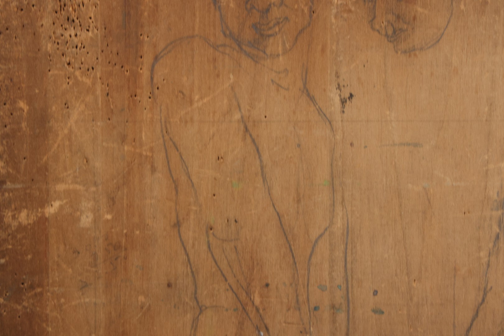 Lot 056 - Vintage Folk Art Nude Study Pencil Sketch Of A Man And A Woman On Wood Panel With Breadboard Ends, 12" W x 17-1/2" H