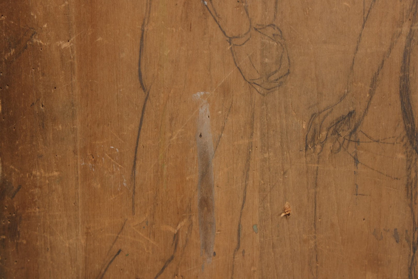 Lot 056 - Vintage Folk Art Nude Study Pencil Sketch Of A Man And A Woman On Wood Panel With Breadboard Ends, 12" W x 17-1/2" H