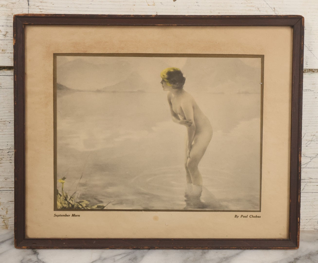 Lot 057 - Vintage Nude Woman Print Titled "September Morn" (Matinée De Septembre) After Paul Chabas (French, 1869-1937) In Frame, Circa 1930s, 14" W x 11-1/2" H