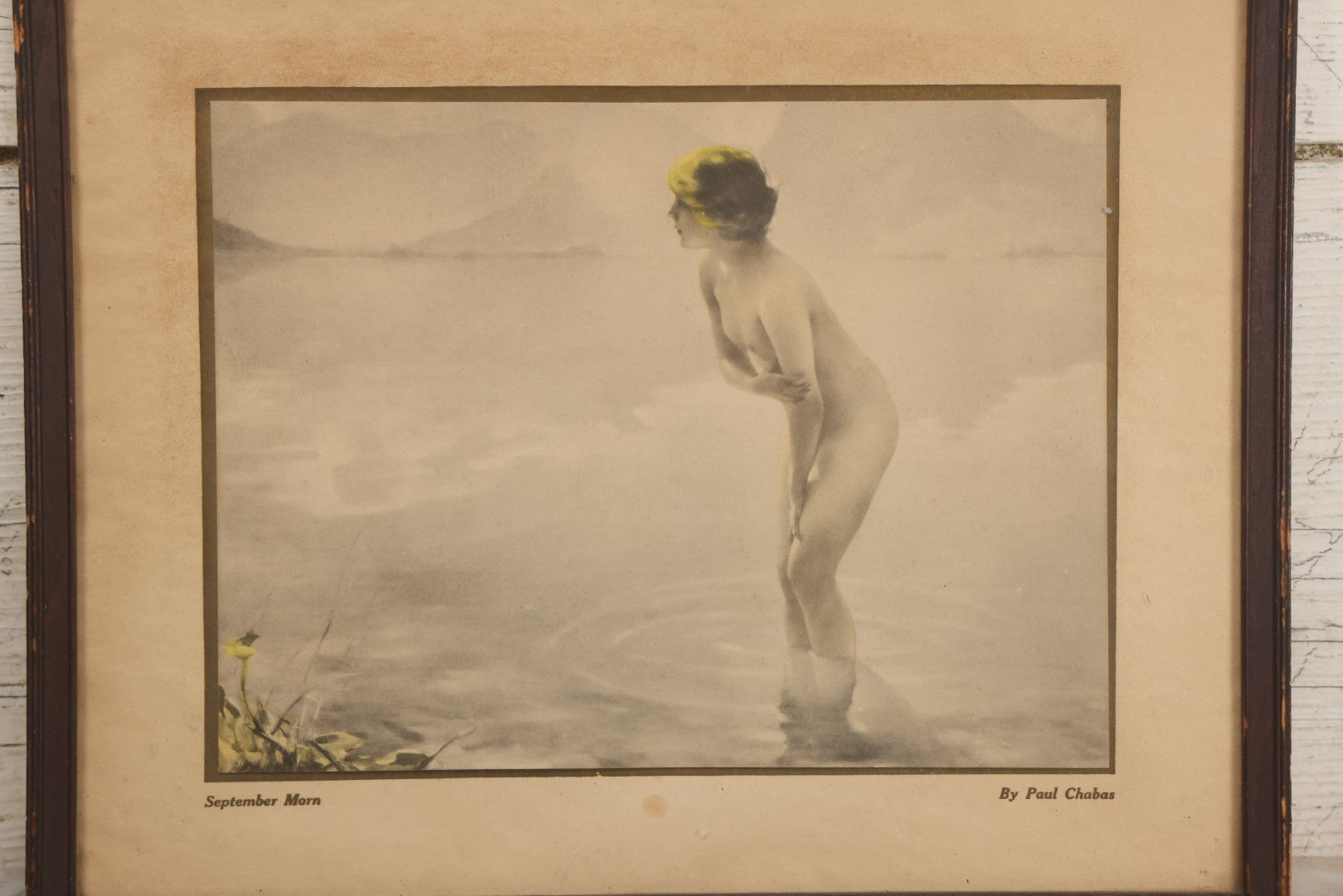 Lot 057 - Vintage Nude Woman Print Titled "September Morn" (Matinée De Septembre) After Paul Chabas (French, 1869-1937) In Frame, Circa 1930s, 14" W x 11-1/2" H