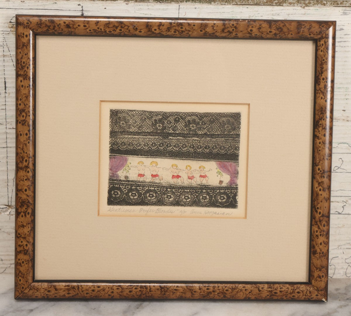 Lot 058 - Vintage Artist Proof Etching Print Of Dancing Nude Blond Women, Titled "Gentlemen Prefer Blonds" By Anna Hoogasian, In Frame, 9-1/8" W x 8-1/4" H