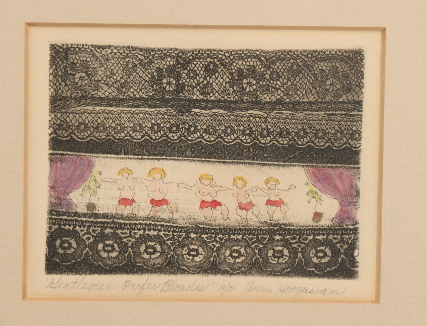 Lot 058 - Vintage Artist Proof Etching Print Of Dancing Nude Blond Women, Titled "Gentlemen Prefer Blonds" By Anna Hoogasian, In Frame, 9-1/8" W x 8-1/4" H