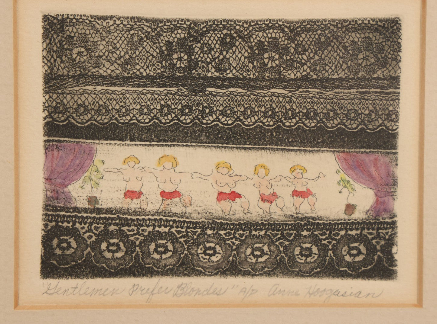 Lot 058 - Vintage Artist Proof Etching Print Of Dancing Nude Blond Women, Titled "Gentlemen Prefer Blonds" By Anna Hoogasian, In Frame, 9-1/8" W x 8-1/4" H