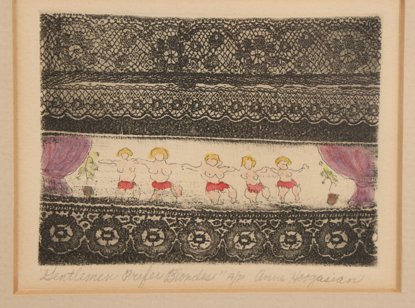 Lot 058 - Vintage Artist Proof Etching Print Of Dancing Nude Blond Women, Titled "Gentlemen Prefer Blonds" By Anna Hoogasian, In Frame, 9-1/8" W x 8-1/4" H