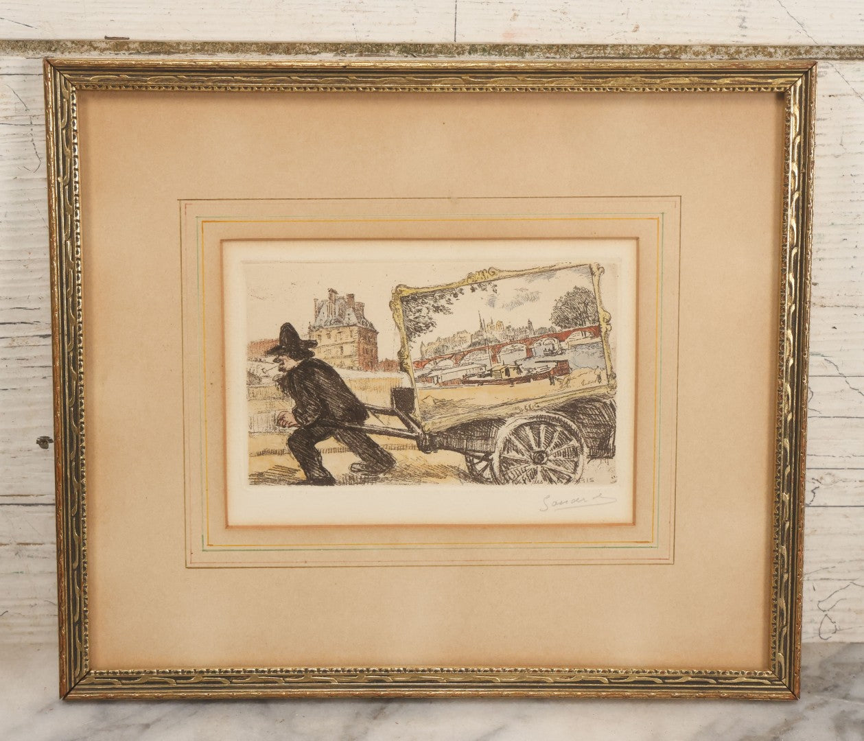 Lot 059 - Vintage Etching Print Of Man In Black Pulling Fine Artwork In A Cart, Artist Signed, Made In Paris, France, In Frame, 10" W x 8-1/2" H