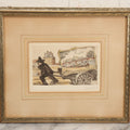 Lot 059 - Vintage Etching Print Of Man In Black Pulling Fine Artwork In A Cart, Artist Signed, Made In Paris, France, In Frame, 10" W x 8-1/2" H