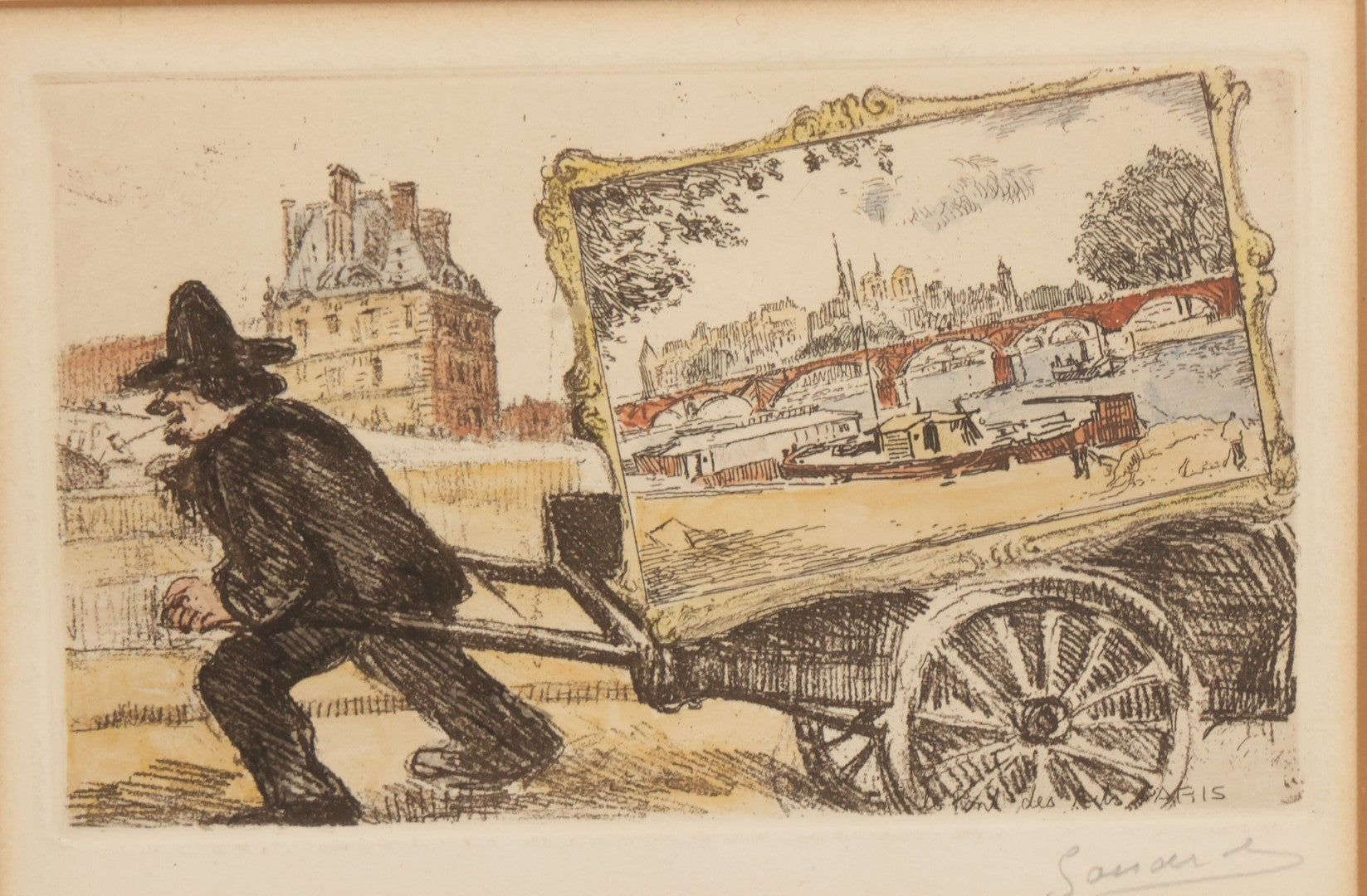 Lot 059 - Vintage Etching Print Of Man In Black Pulling Fine Artwork In A Cart, Artist Signed, Made In Paris, France, In Frame, 10" W x 8-1/2" H