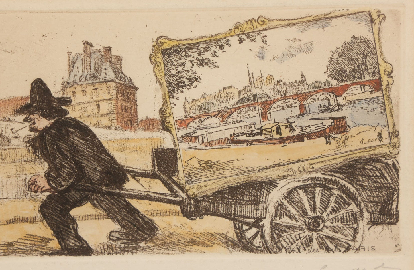 Lot 059 - Vintage Etching Print Of Man In Black Pulling Fine Artwork In A Cart, Artist Signed, Made In Paris, France, In Frame, 10" W x 8-1/2" H