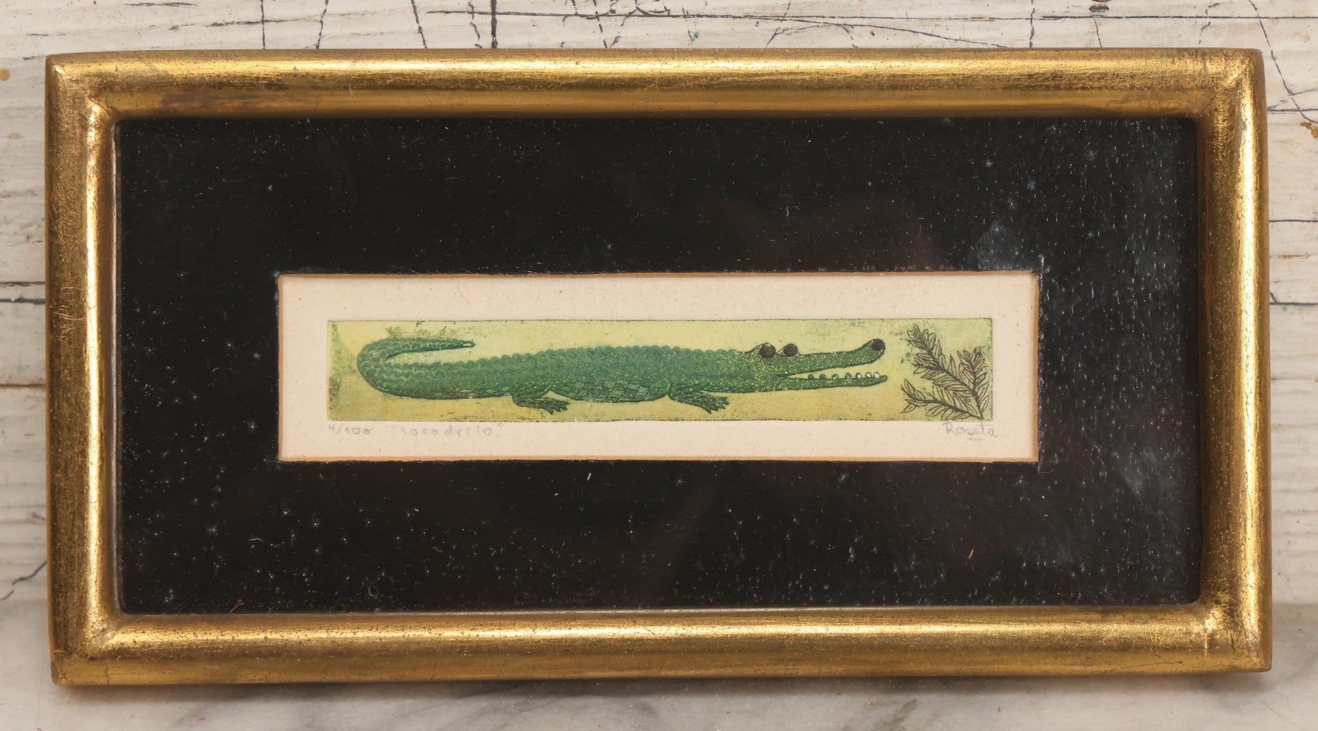 Lot 060 - Vintage Copper Etching Print Titled "Cocodrilo" (Crocodile), Artist Signed, Limited Edition Numbered Print 4/100, Made In Mexico, In Frame, 7-7/8" x 4-1/8" H