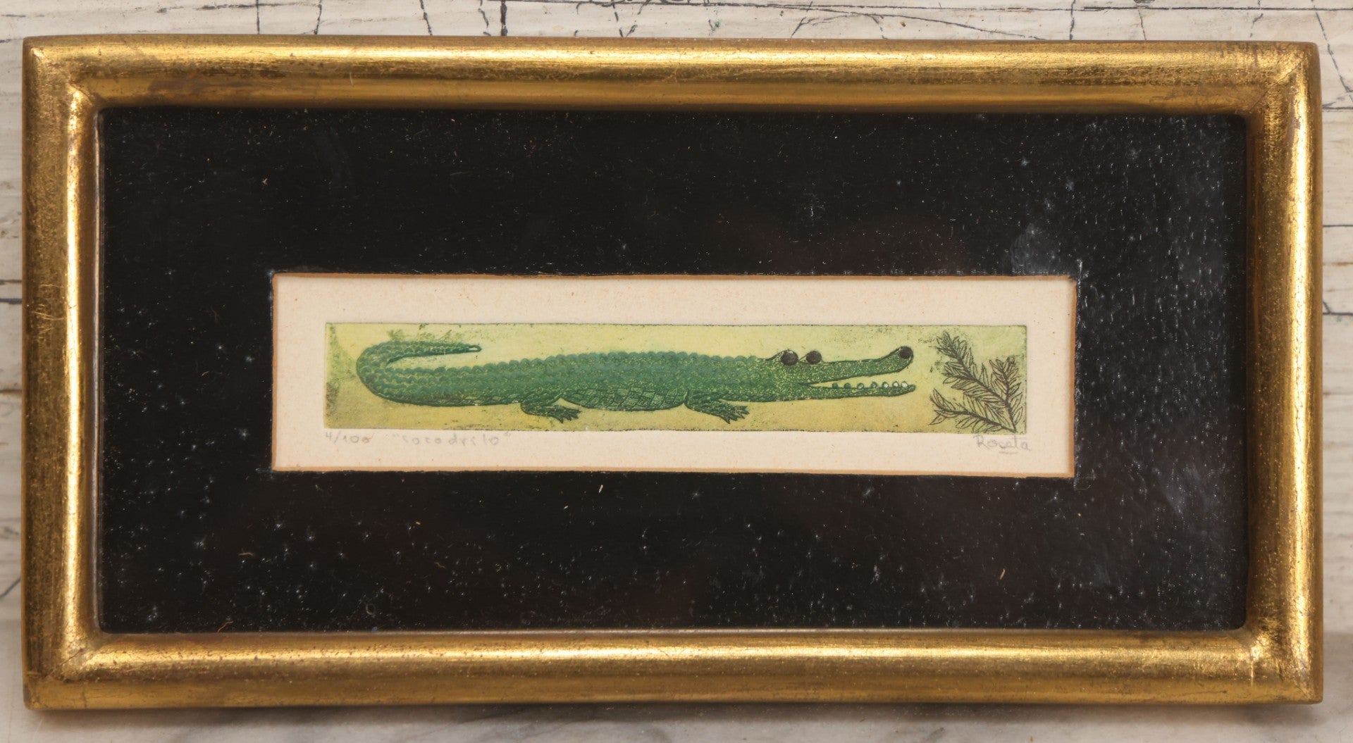 Lot 060 - Vintage Copper Etching Print Titled "Cocodrilo" (Crocodile), Artist Signed, Limited Edition Numbered Print 4/100, Made In Mexico, In Frame, 7-7/8" x 4-1/8" H