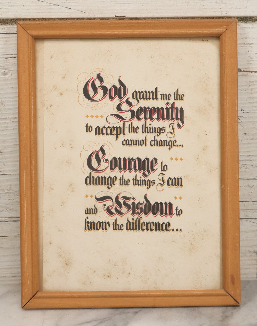 Lot 062 - Vintage Serenity Prayer Motivational Wall Art, "God Grant Me The Serenity To Accept The Things I Cannot Change..." Attributed To Reinhold Niebuhr, Associated With Alcoholics Anonymous Prayer, In Frame, 6-3/4" W x 8-3/4" H