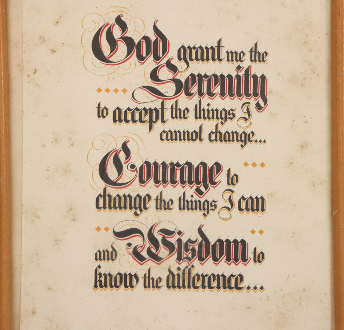 Lot 062 - Vintage Serenity Prayer Motivational Wall Art, "God Grant Me The Serenity To Accept The Things I Cannot Change..." Attributed To Reinhold Niebuhr, Associated With Alcoholics Anonymous Prayer, In Frame, 6-3/4" W x 8-3/4" H