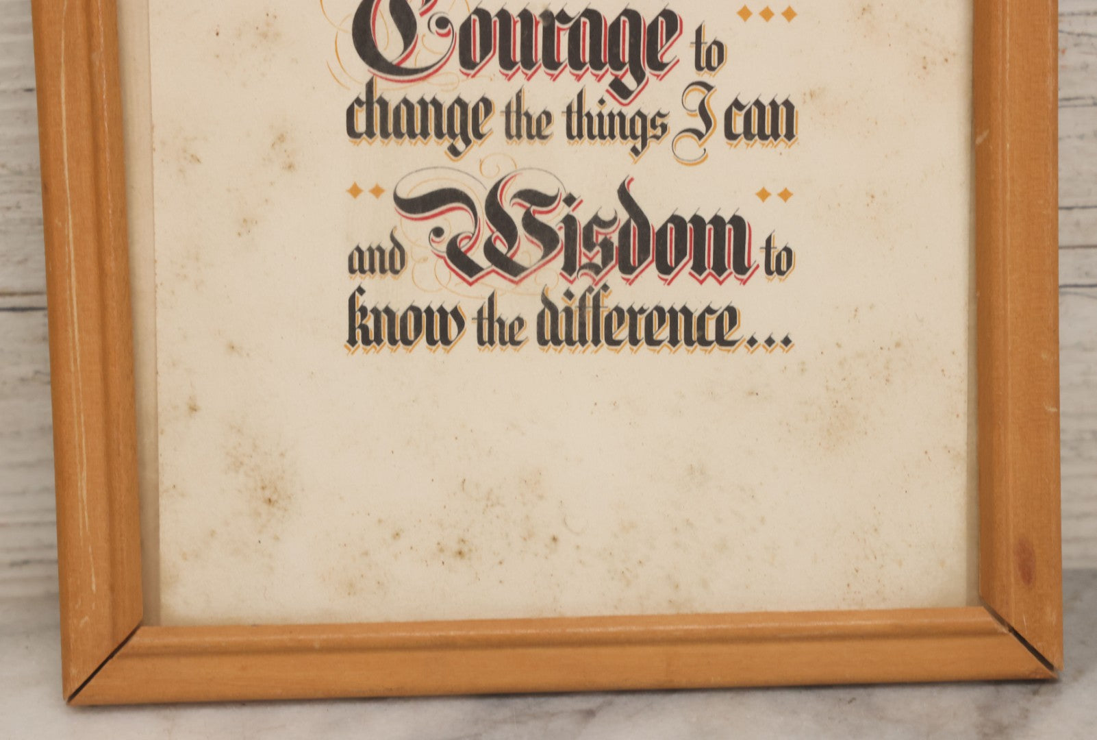 Lot 062 - Vintage Serenity Prayer Motivational Wall Art, "God Grant Me The Serenity To Accept The Things I Cannot Change..." Attributed To Reinhold Niebuhr, Associated With Alcoholics Anonymous Prayer, In Frame, 6-3/4" W x 8-3/4" H
