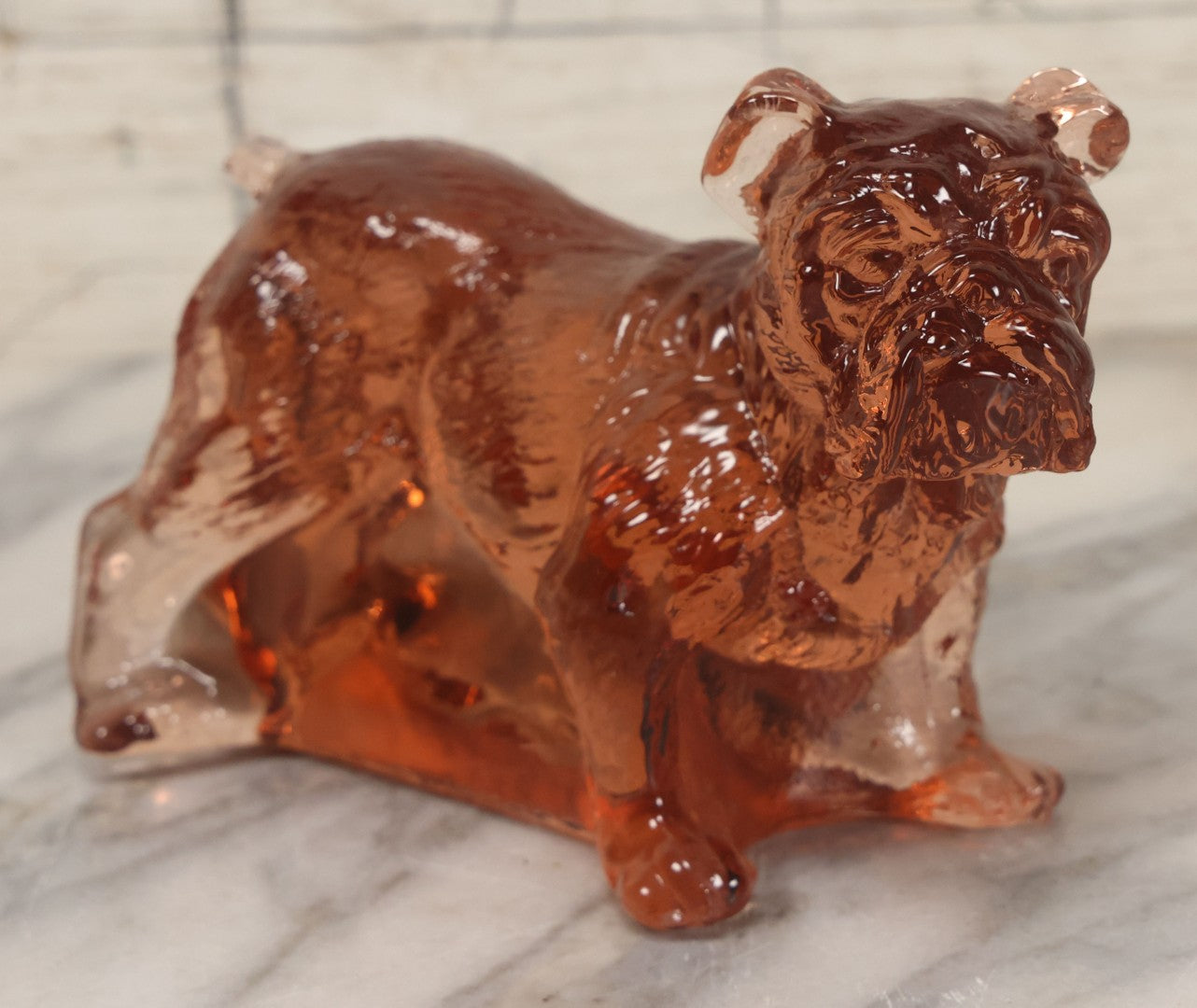 Lot 063 - Vintage Translucent Pink Orange Glass Bulldog Statue Paperweight