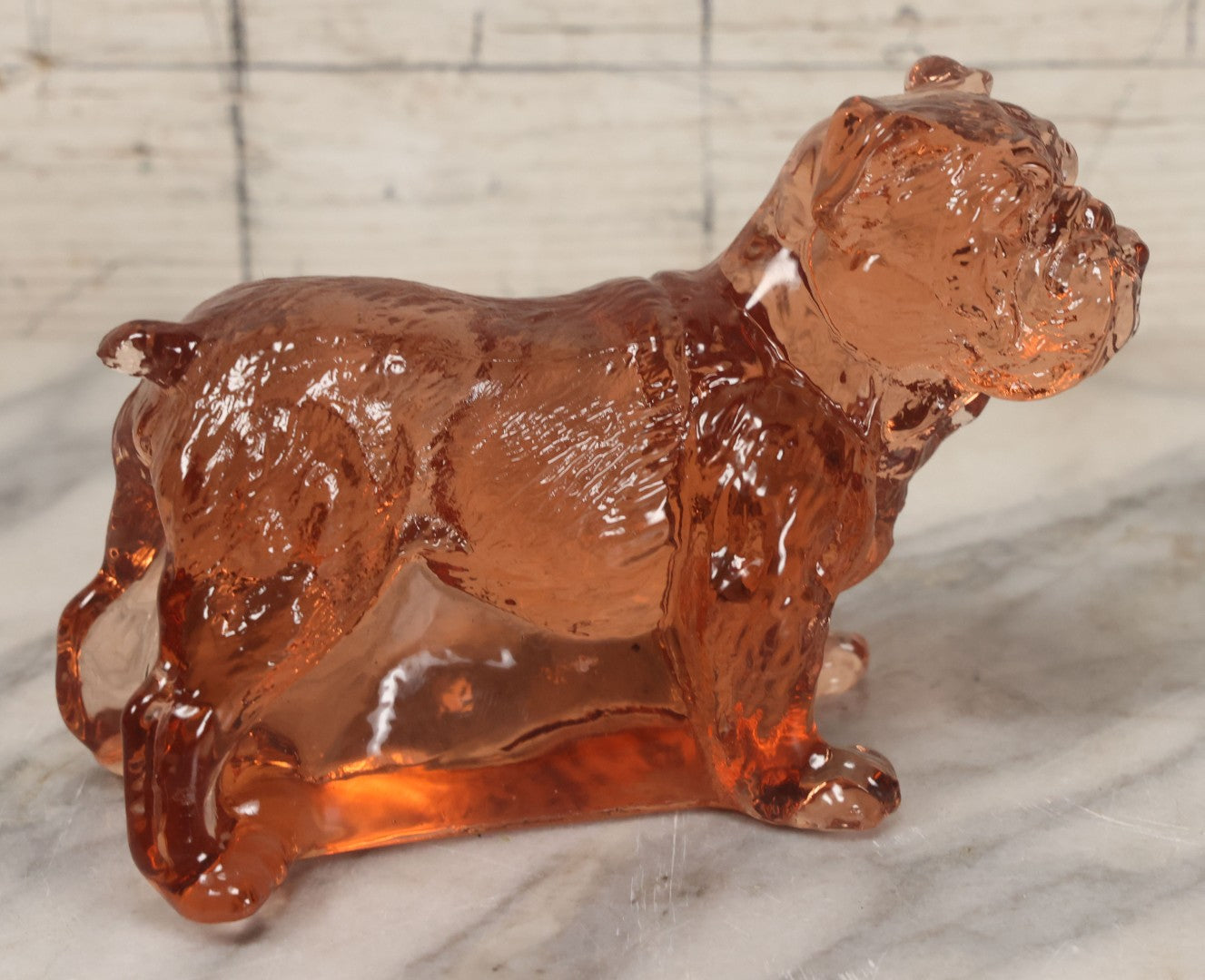 Lot 063 - Vintage Translucent Pink Orange Glass Bulldog Statue Paperweight