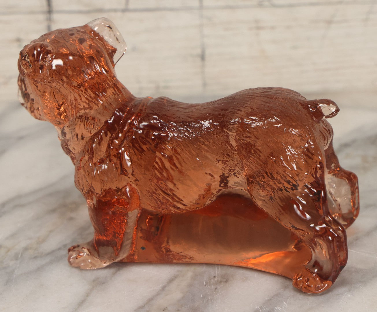 Lot 063 - Vintage Translucent Pink Orange Glass Bulldog Statue Paperweight
