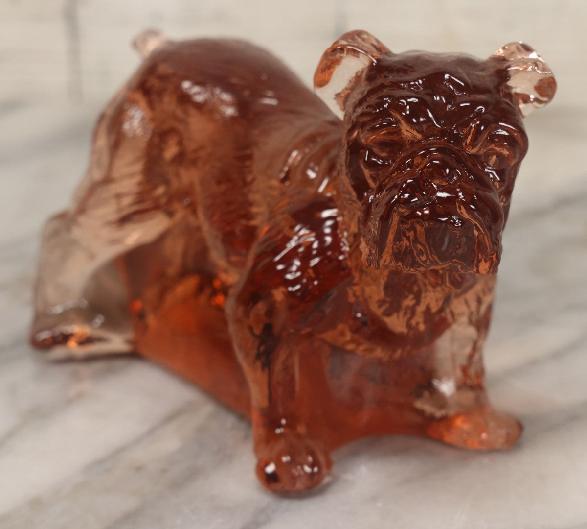 Lot 063 - Vintage Translucent Pink Orange Glass Bulldog Statue Paperweight