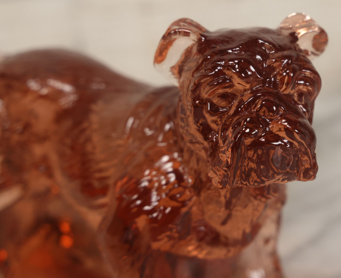 Lot 063 - Vintage Translucent Pink Orange Glass Bulldog Statue Paperweight