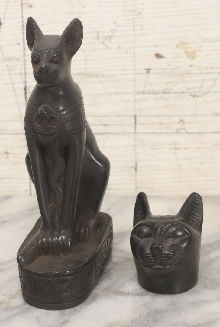 Lot 065 - Pair Of Vintage Egyptian Revival Bastet Cat Goddess Carved Composite Stone Figurine Statues, Including Full Body And Single Head