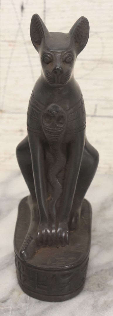 Lot 065 - Pair Of Vintage Egyptian Revival Bastet Cat Goddess Carved Composite Stone Figurine Statues, Including Full Body And Single Head