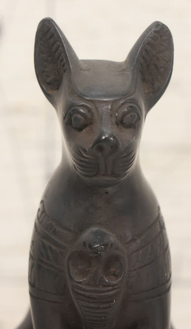 Lot 065 - Pair Of Vintage Egyptian Revival Bastet Cat Goddess Carved Composite Stone Figurine Statues, Including Full Body And Single Head